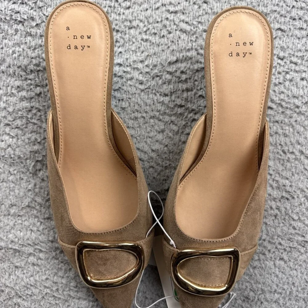 A New Day Brown Mule Kitten Heel Pointed Toe Buckle - Picture 1 of 5